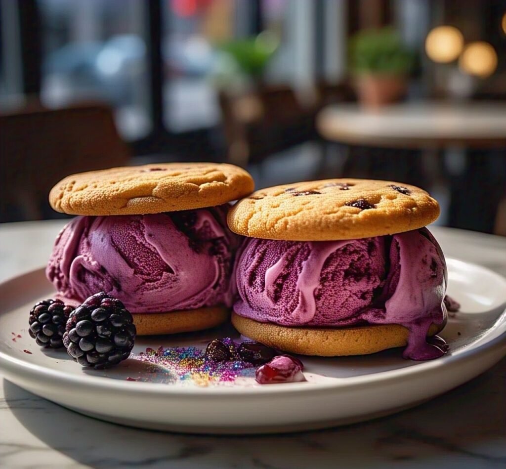 Blackcurrant ripple ice cream sandwich