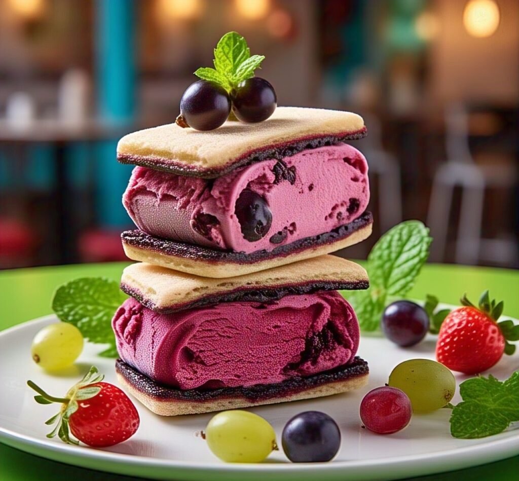 Blackcurrant ripple ice cream sandwich